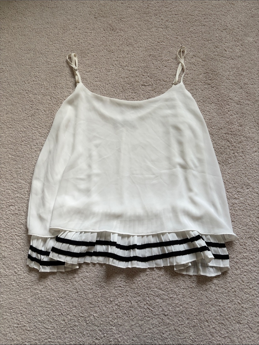 Sleeveless White Ruffle Hem Camisole with Black Stripe Detail